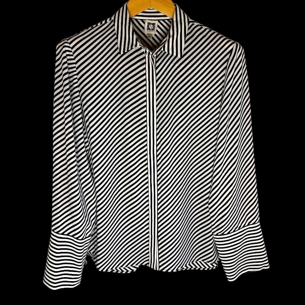 Anne Klein women’s black and white striped silk blend blouse.